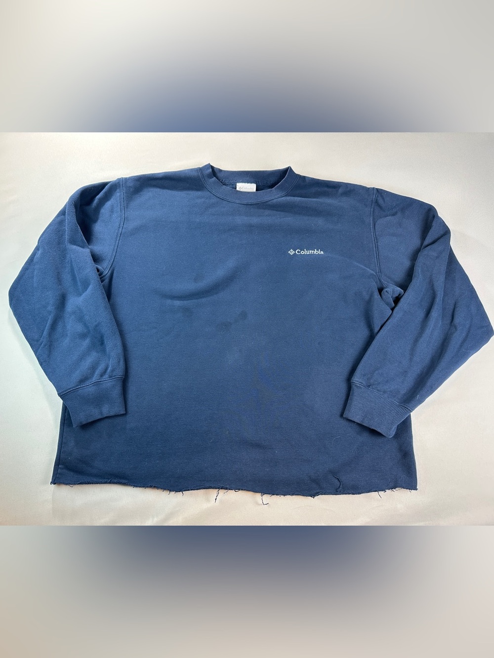 Columbia Men's Cut Off Sweatshirt Navy Crewneck Fleece Raw Hem Oversized